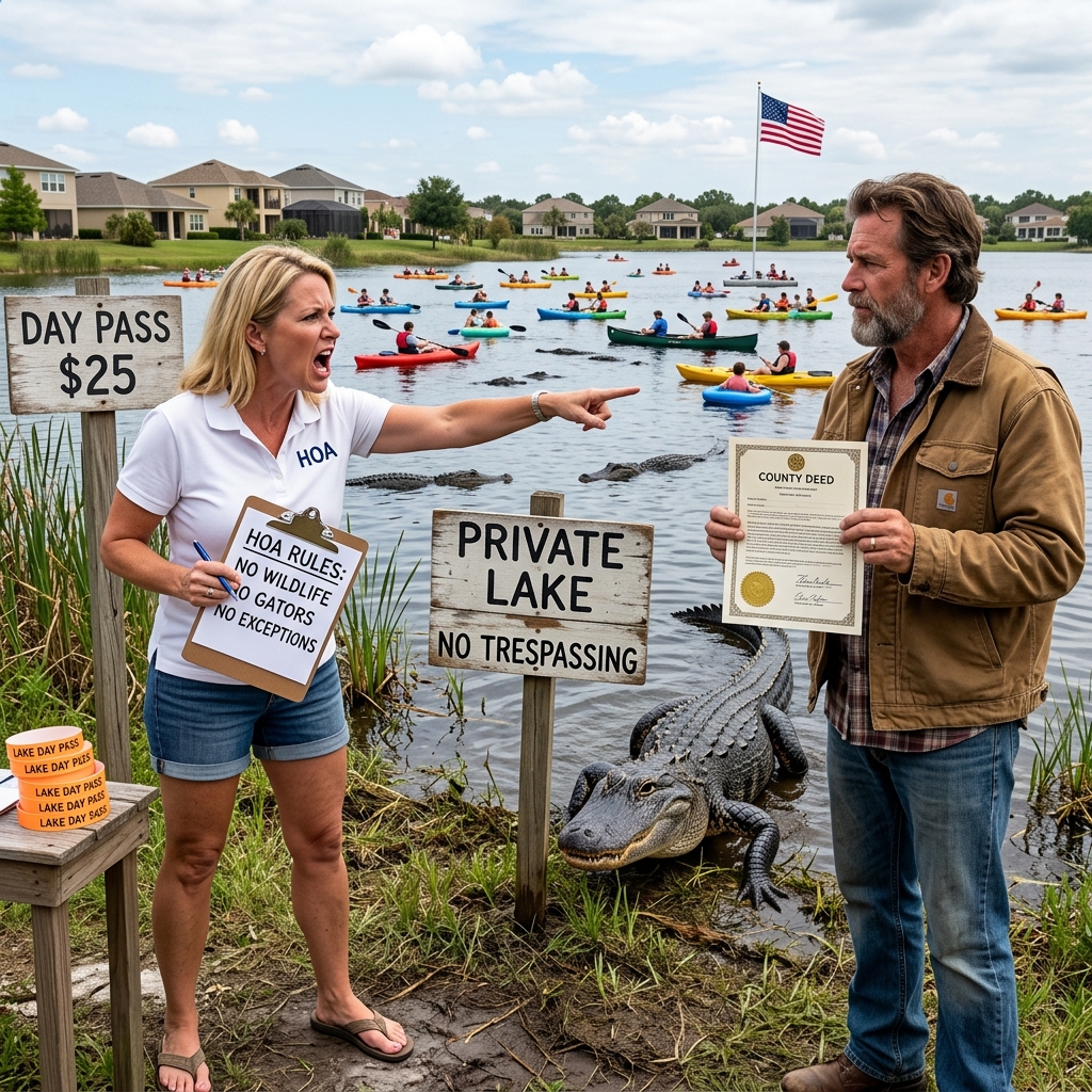 HOA Karen Opened My Private Lake To Tourists And Sold Day Passes To Earn Illegal Money — She Didn’t Expect 27 Alligators Were Already Waiting