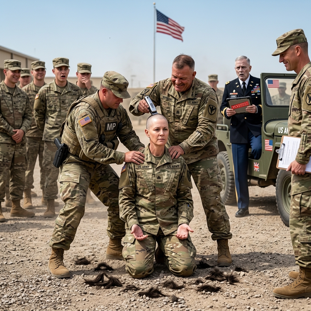 They pinned my arms behind my back, shaved my head in front of the whole company, and called me useless — but when the general’s Jeep skidded to a stop, his face drained of all color. What did he just realize?