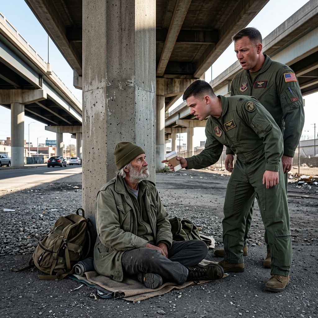 A 19-year-old Marine laughed at the homeless man sitting under Route 58, mocking his service in front of the entire squadron, unaware the old man’s next two words would force their Staff Sergeant to his knees. What happens next?