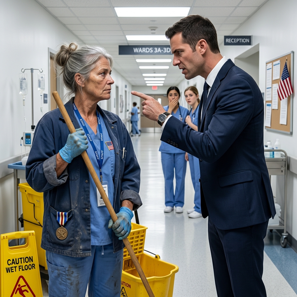 The arrogant hospital director humiliated a quiet female orderly for mopping too slowly — unaware the heavy bronze medal pinned inside her faded jacket belonged to a legendary Navy SEAL sniper — will he ever recover from this mistake?
