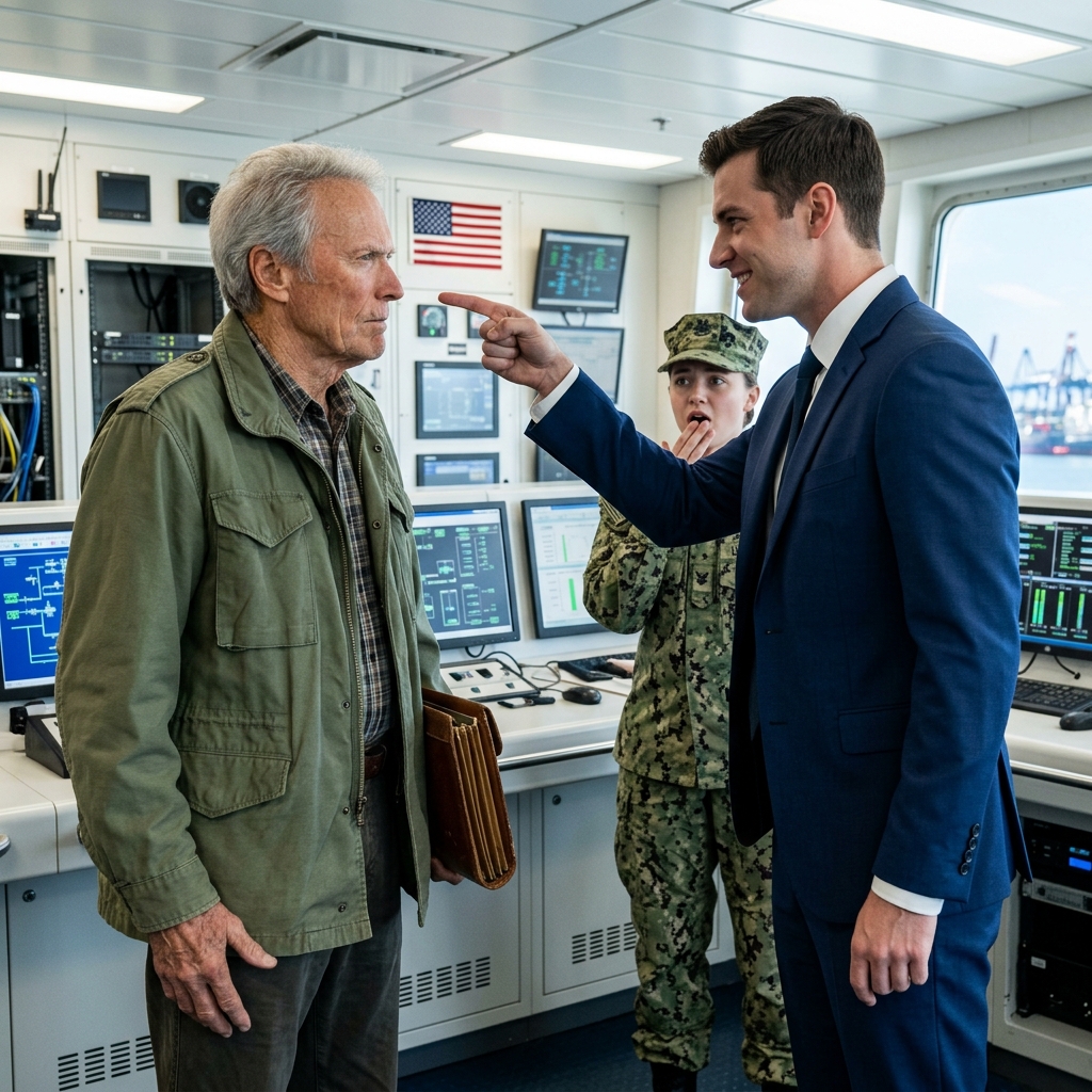 The arrogant shipyard director pointed a finger at the 76-year-old veteran and ordered him out of the billion-dollar control room — completely unaware of the 43-year-old secret resting quietly inside the old man’s thrift store jacket. Who will break first?