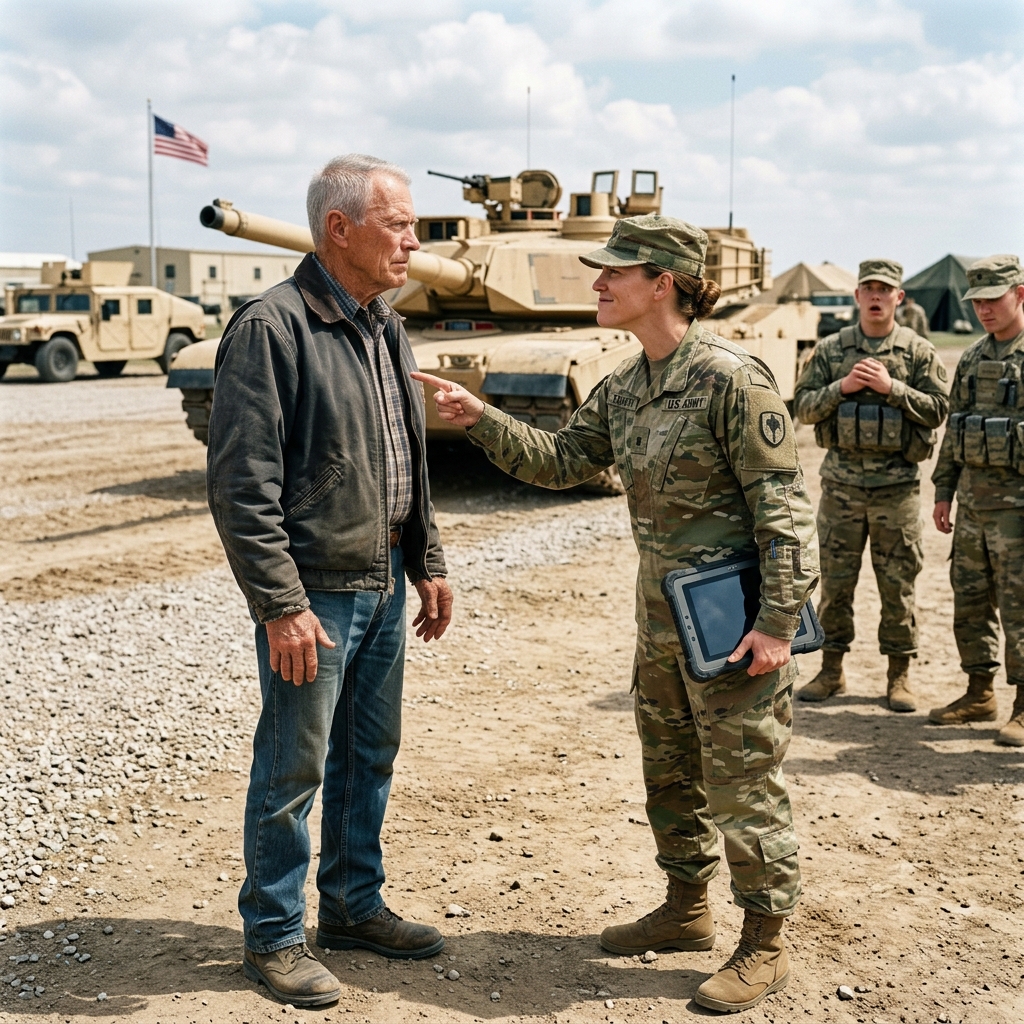 A confident Fort Riley mechanic publicly humiliated a 78-year-old bystander for touching a stalled Abrams tank, completely unaware he carried a 33-year-old military secret in his faded shirt pocket. Will she realize her massive mistake?