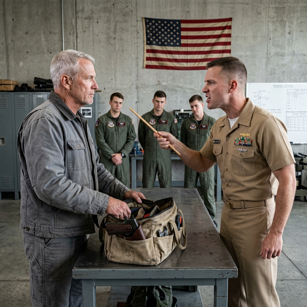 The arrogant Navy commander ordered the old electrician out of the live-fire training room in front of nine aviators — completely unaware the janitor’s tool bag held a 53-year-old secret. What happens when the civilian picks up the weapon?