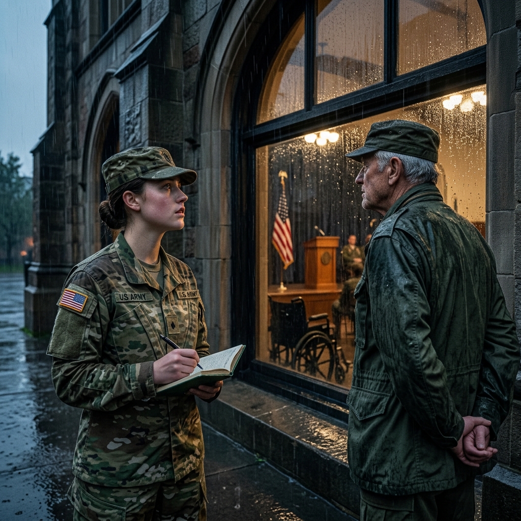 Major Cole told me the VA opens Monday, then turned me away from the Fort Liberty ceremony with nothing but a photocopied newsletter. I stood in the rain, 12 feet from the search team that had been looking for me for three years. What happens when the man they couldn’t find finally knocks on the glass?