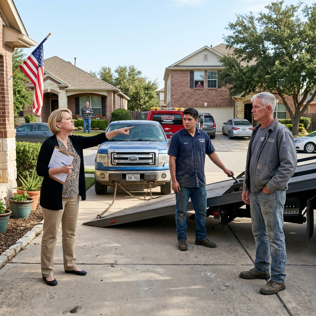 She called a tow truck for my pickup sitting in my own private driveway and smiled as the chain hooked onto the axle. The HOA Karen had been waiting months for this moment. What she didn’t know about the man standing silently on that Texas driveway was about to change everything.