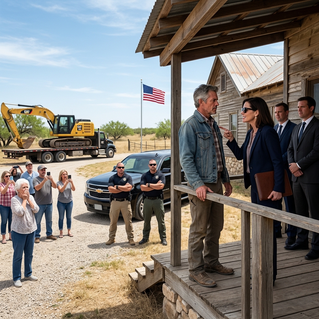 She handed me a demolition notice in front of my neighbors, her lawyers flanking her like bodyguards, and gave me 24 hours to tear down my father’s ranch. The excavator was already idling on the flatbed when I made one phone call that changed everything. What happened next made her drop her sunglasses in front of everyone watching.