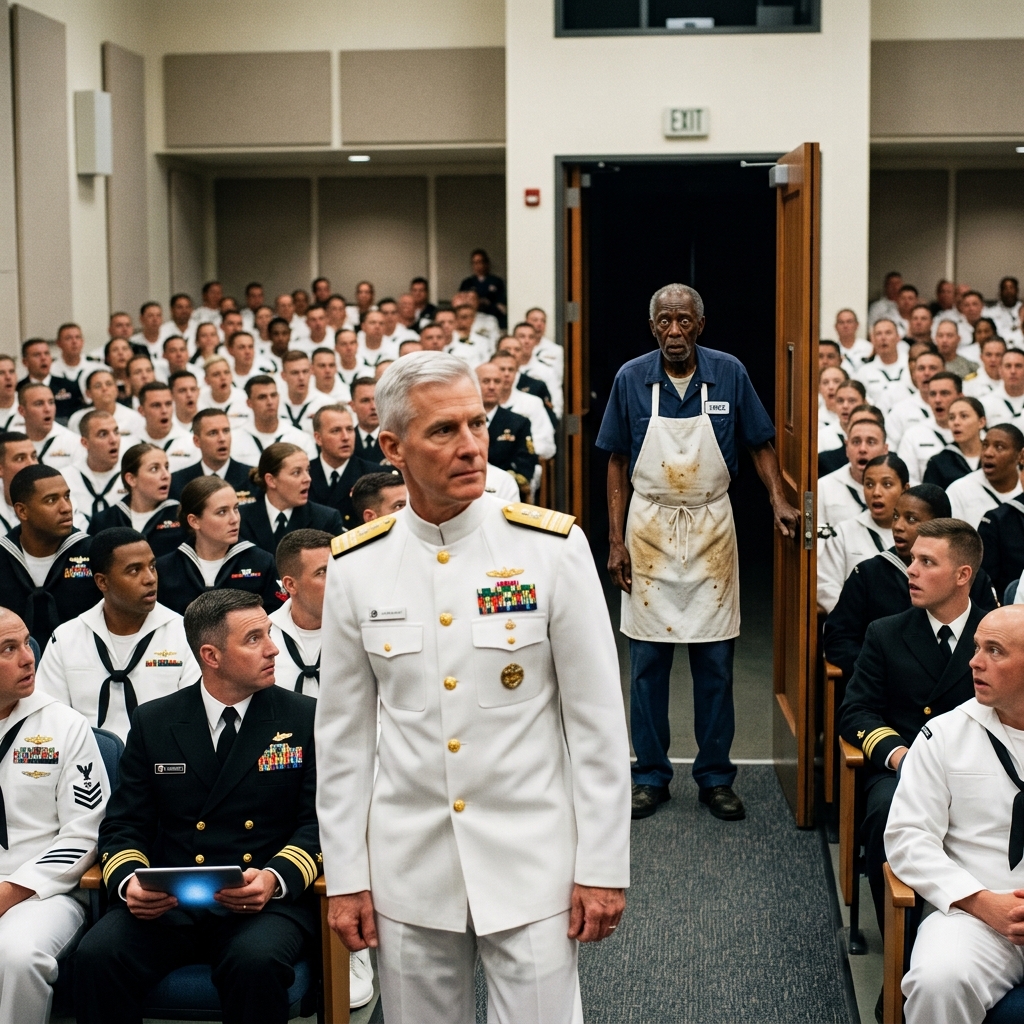 A three-star admiral refused to sit down at a Navy retirement ceremony. The man he was waiting for was 79 years old and serving food in the cafeteria.