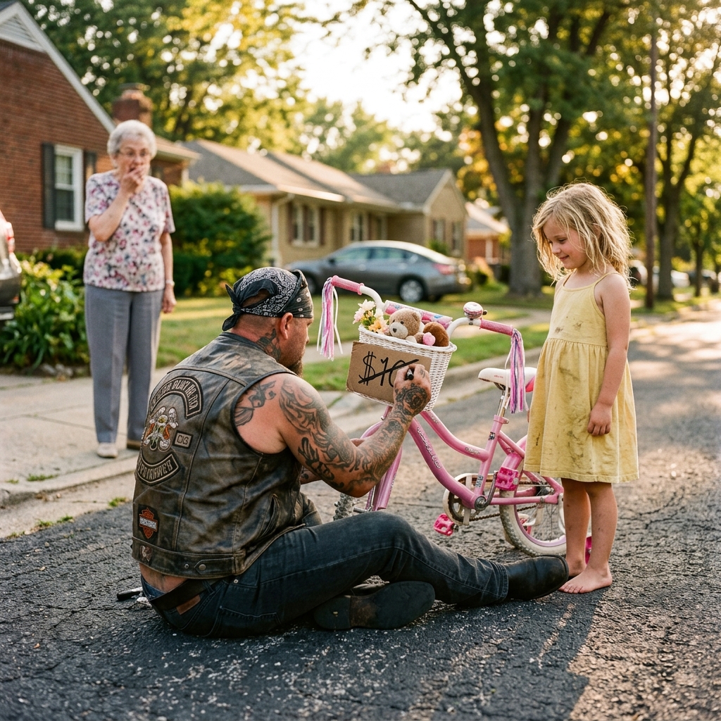 Mrs. Gable Almost Called 911 When the Tattooed Rider Knelt on the Asphalt — Until He Looked at the Six-Year-Old and Asked, “When Did Mom Last Eat?”