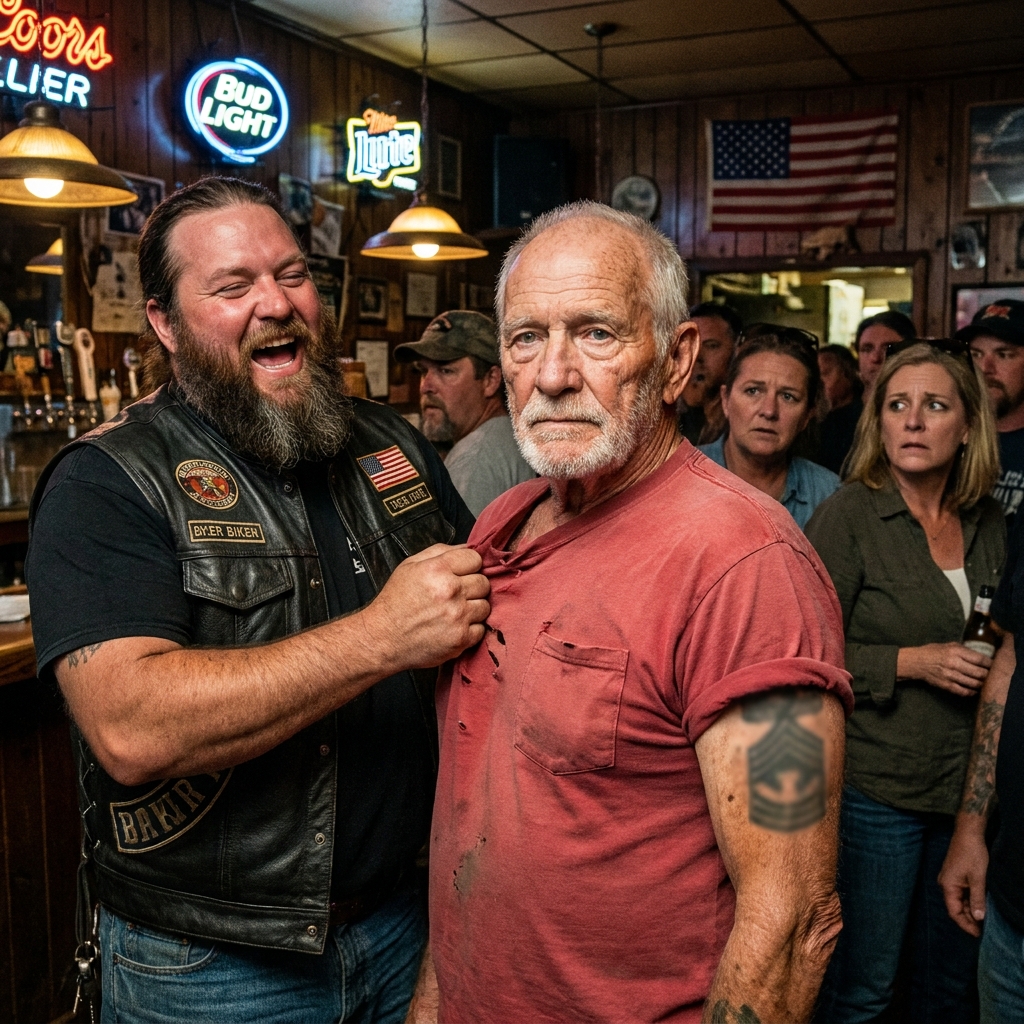 The loud biker laughed as he kicked my 78-year-old father’s cane across the tavern floor. He didn’t notice the bartender quietly pulling out a ten-year-old laminated card.