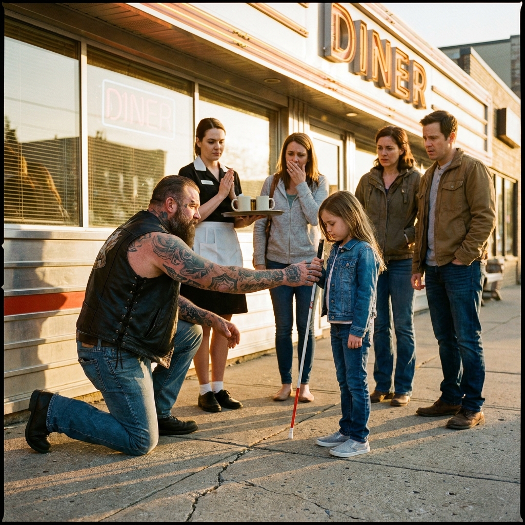 The Diner Patio Went Quiet When the 6-Foot-4 Biker Stepped Toward the Blind Little Girl — Until He Dropped to One Knee and Said, “Start With the Bravest One.”
