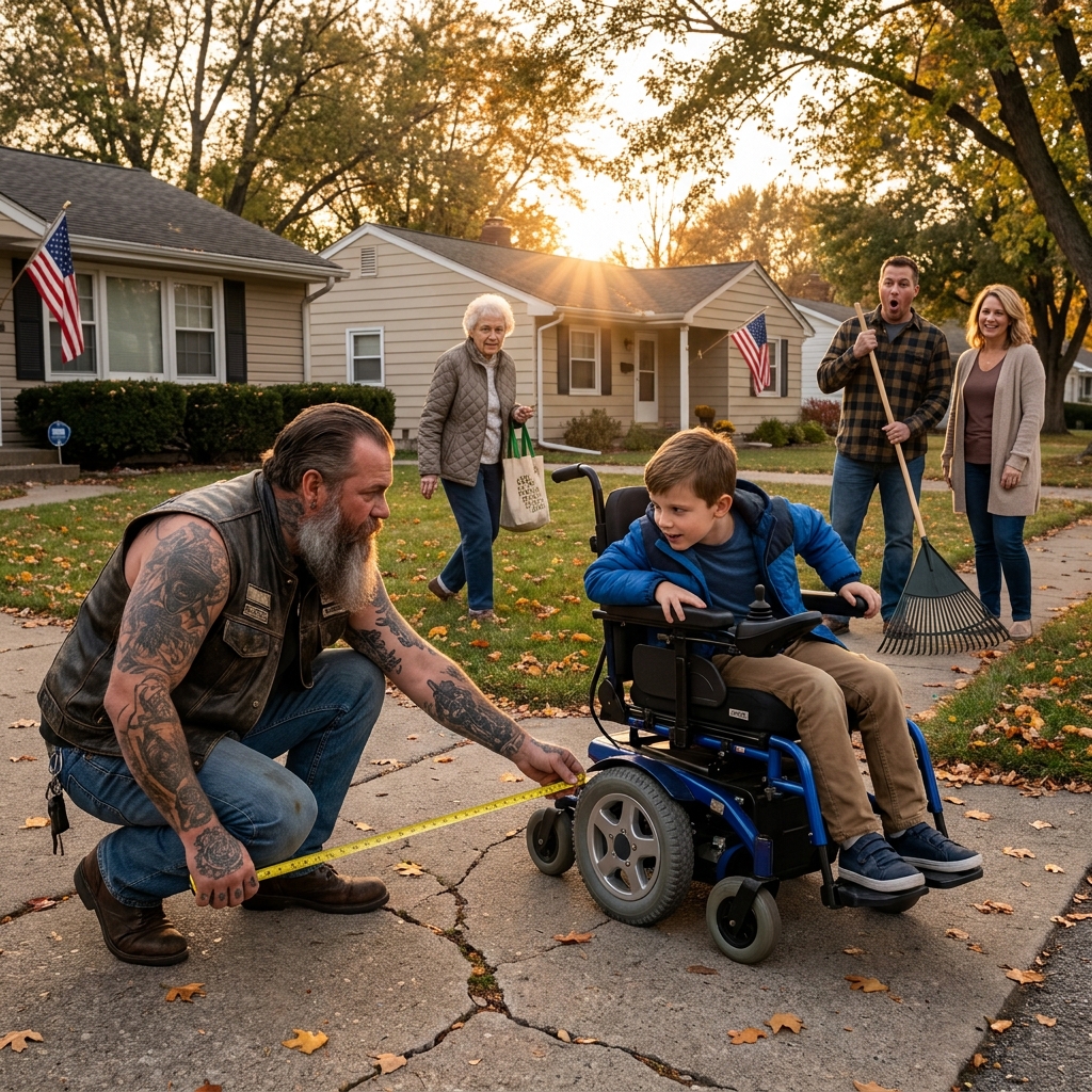 The Nine-Year-Old Boy Refused to Go Trick-or-Treating in His Wheelchair — Until the 290-Pound Biker Walked Over With a Tape Measure and Said, “Let’s Build a Flight System.”
