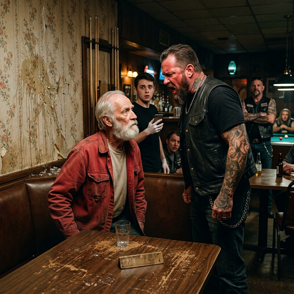 The biggest biker in the Iron Reapers slammed his palm on the old man’s table and barked, “This is my spot. Move, or I’ll drag you out of that chair.” The whole bar held its breath. The old man in the red jacket looked up with pale blue eyes that had seen things none of us could imagine. He didn’t argue. He didn’t beg. He stood slowly, with a discipline that made the biker step backward. Then the door swung open and a retired Marine colonel in full dress blues walked in. He took one look at the old man, crossed the room, and did something that made every person in that bar forget how to breathe.