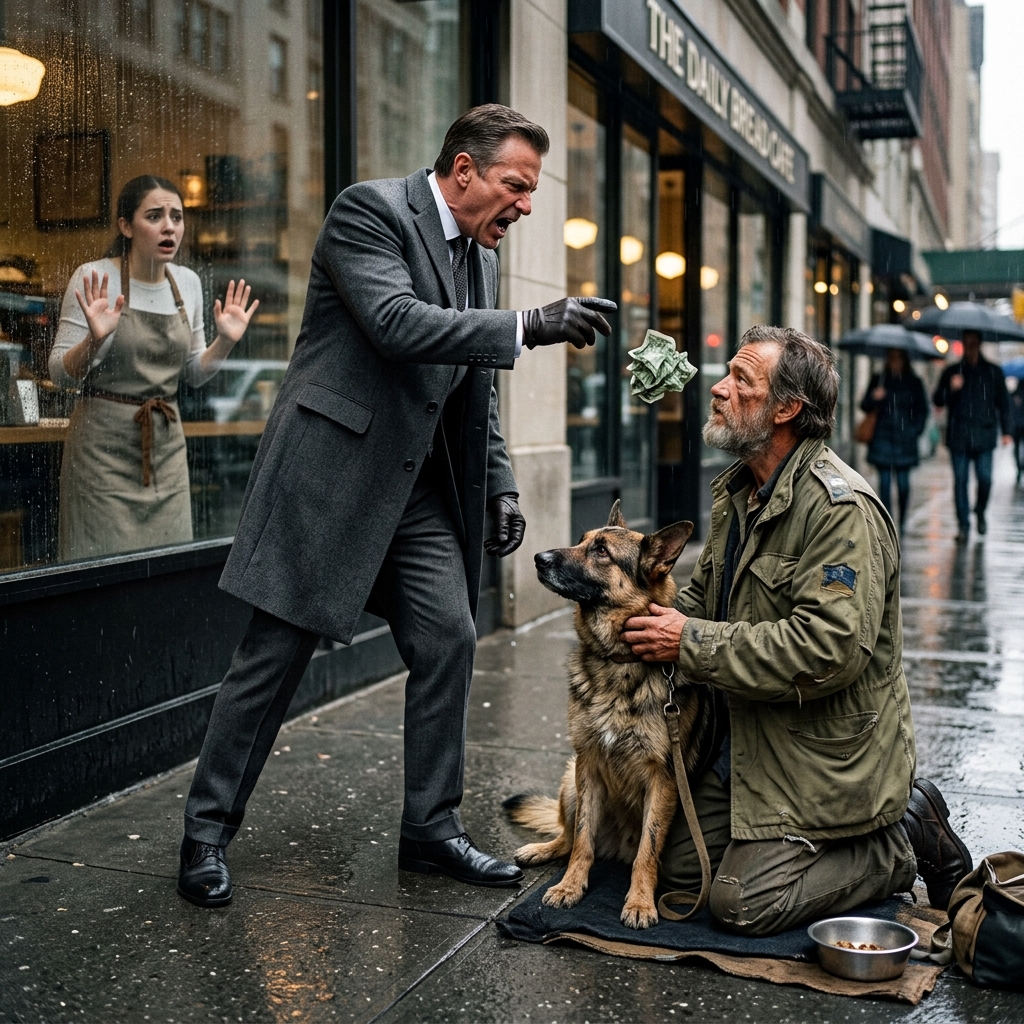 The billionaire kicked my scarred service dog in the freezing rain and threw a hundred dollars at my face. I walked into his cafe meeting and laid the wet bill on the mahogany table.