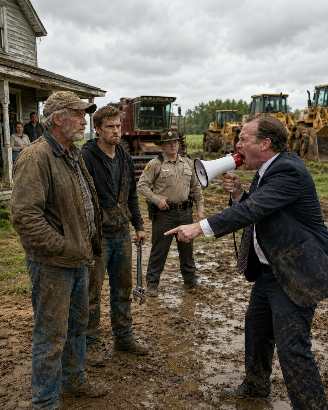 The head of the agricultural board mocked my family in front of the county sheriff, demanding my 400 acres be sterilized simply because my farm was the only one left standing after the catastrophic flood.