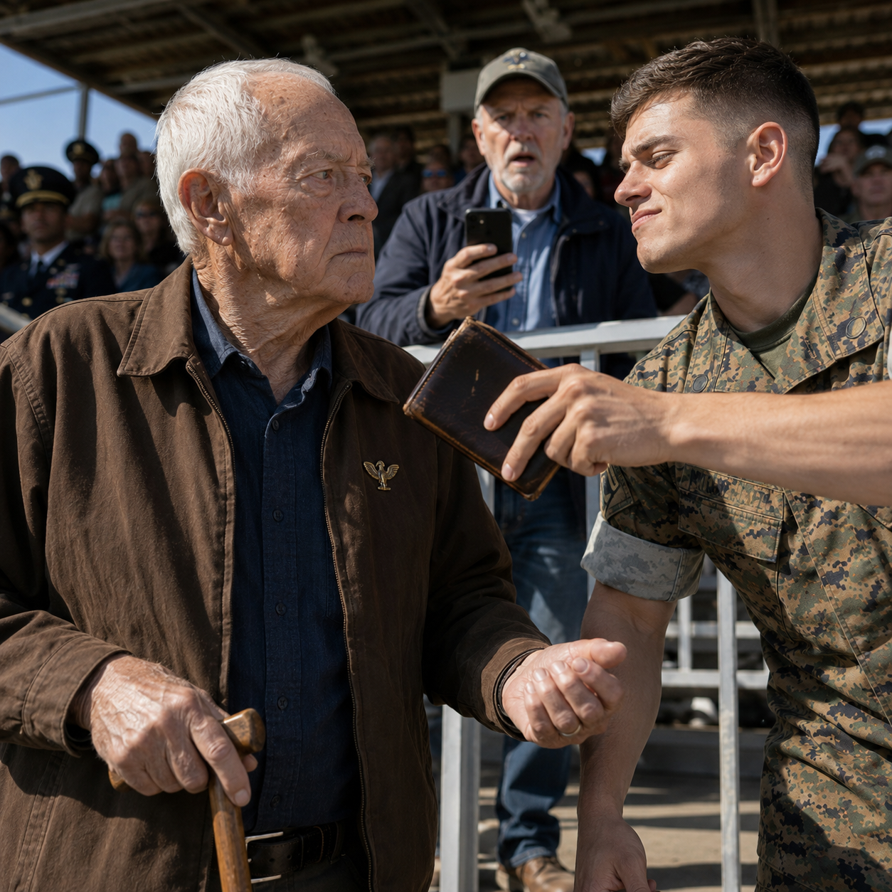 The young security guard laughed at the elderly man’s worn tweed jacket, telling the crowded air show pavilion he was just a confused grandpa who bought his lapel pin at a county fair.