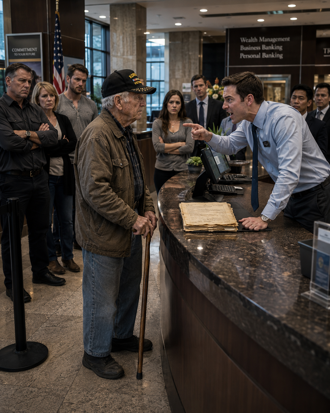 I watched a smug bank manager mock an elderly man’s military discharge papers in the middle of a crowded lobby, calling him a fake.