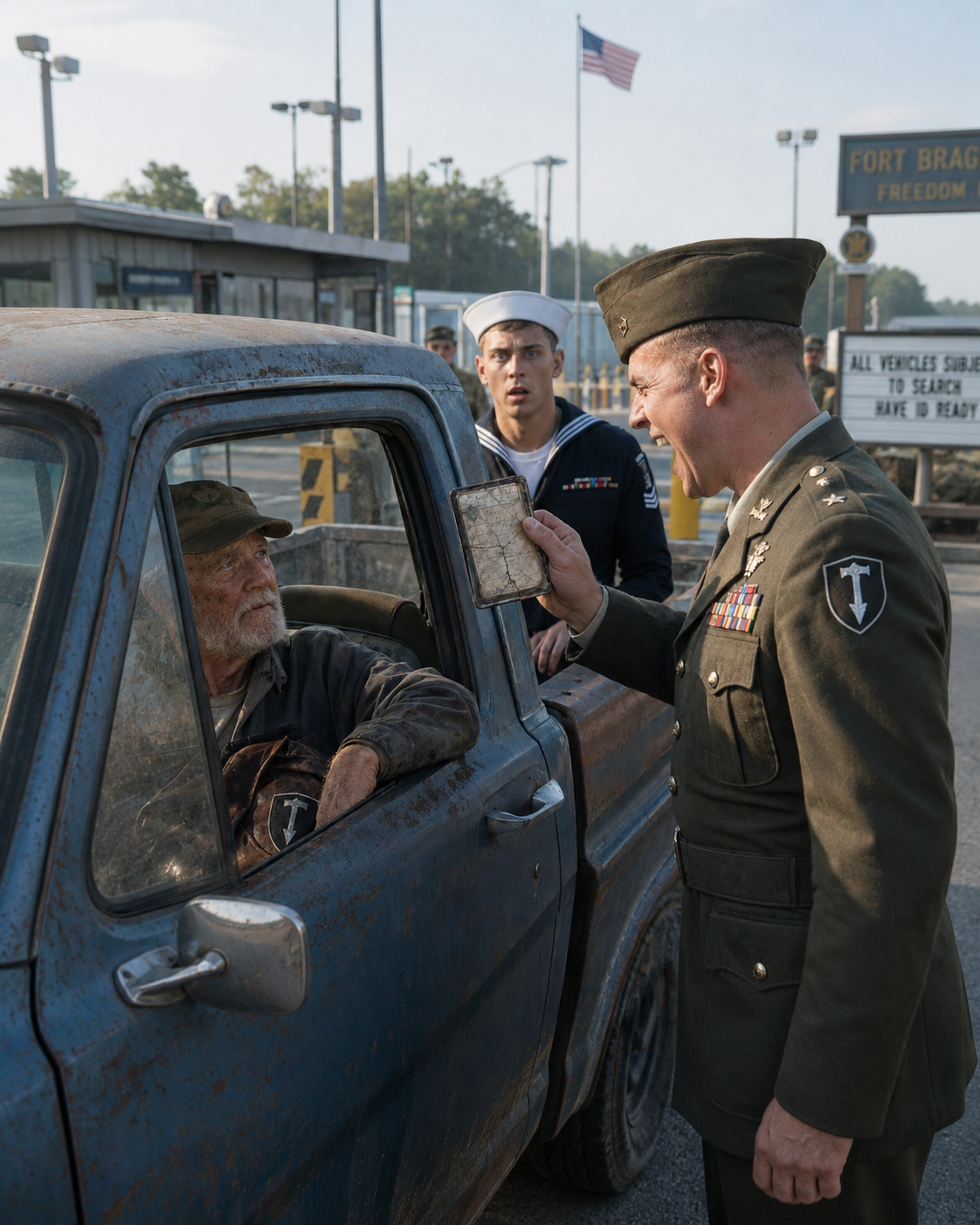 The arrogant young base commander laughed at my expired military ID and called my jacket patch a joke in front of the entire morning commute