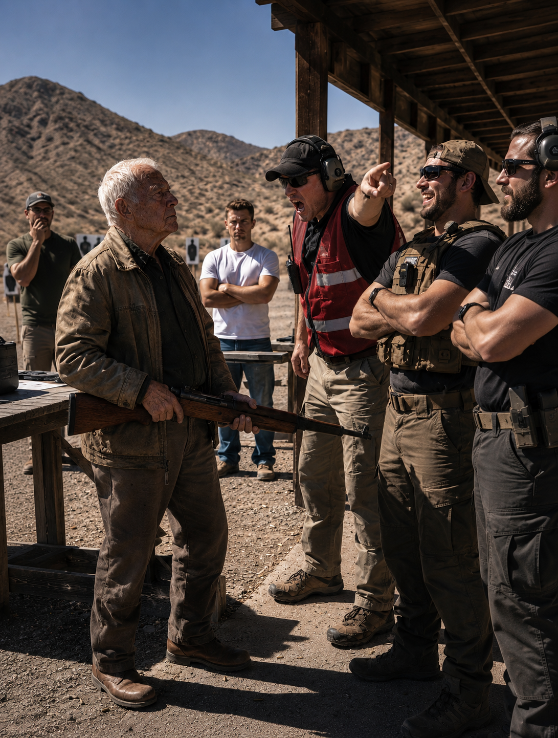 An arrogant kid in tactical gear mocked the 83-year-old man next to him for holding up the firing line with a museum piece.