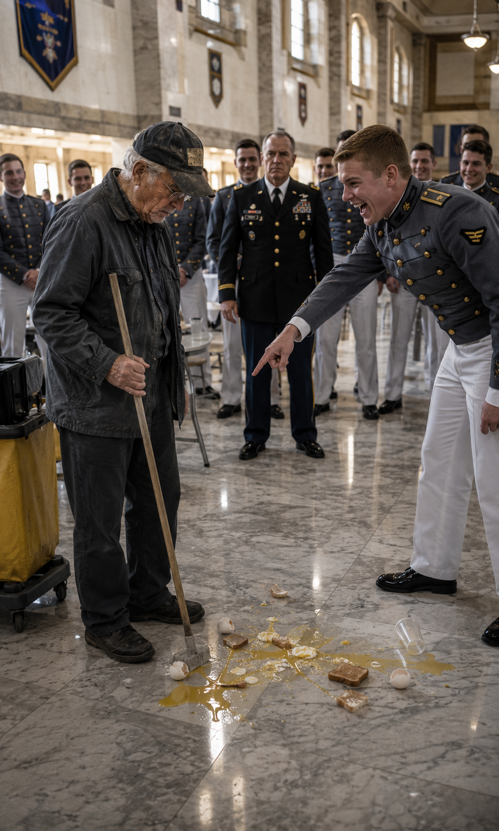 I stood in the academy cafeteria as our most arrogant cadet mocked the elderly janitor, throwing garbage on the floor and calling him “Sergeant Mop.”