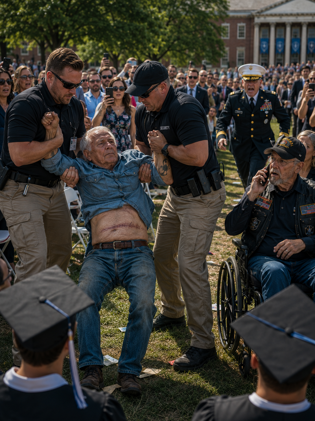 I sat in my wheelchair and watched a university security guard try to drag a 74-year-old father out of the VIP graduation seats because his cheap blue shirt embarrassed the wealthy parents.