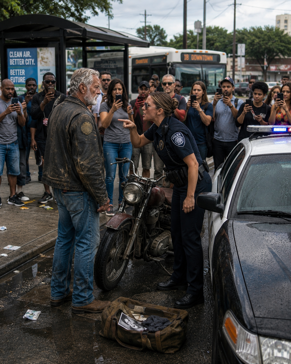 I stood in total silence as the rookie police officer mocked the faded military patch on my worn leather jacket in front of a gathering crowd.