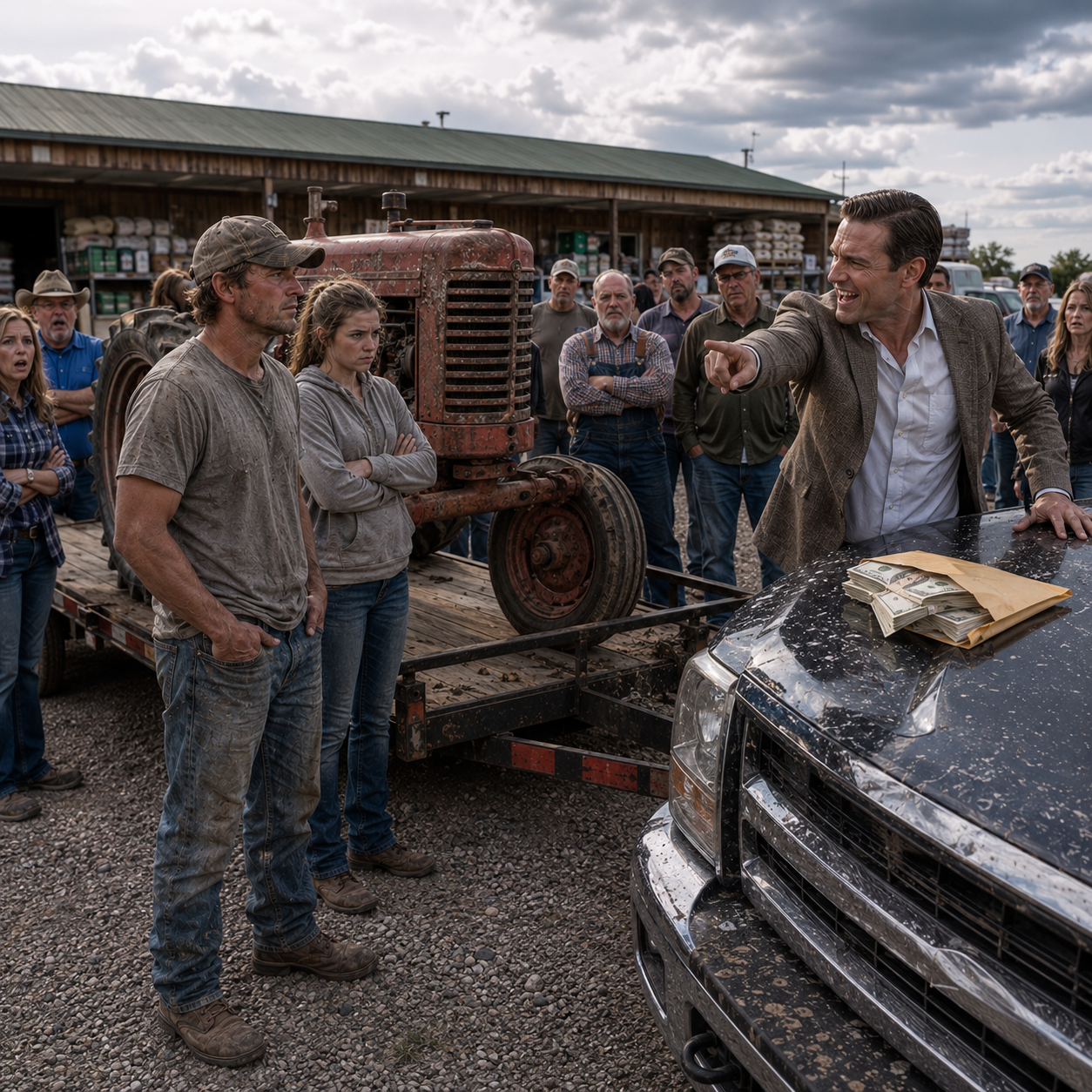 I watched the wealthiest man in our county throw ten thousand dollars in cash on his truck hood to humiliate me in front of the whole town.