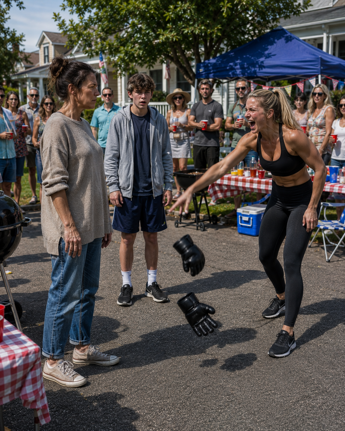 I watched my wealthy neighbor throw MMA combat gloves at my feet during our neighborhood block party, mocking me in front of my 15-year-old son.