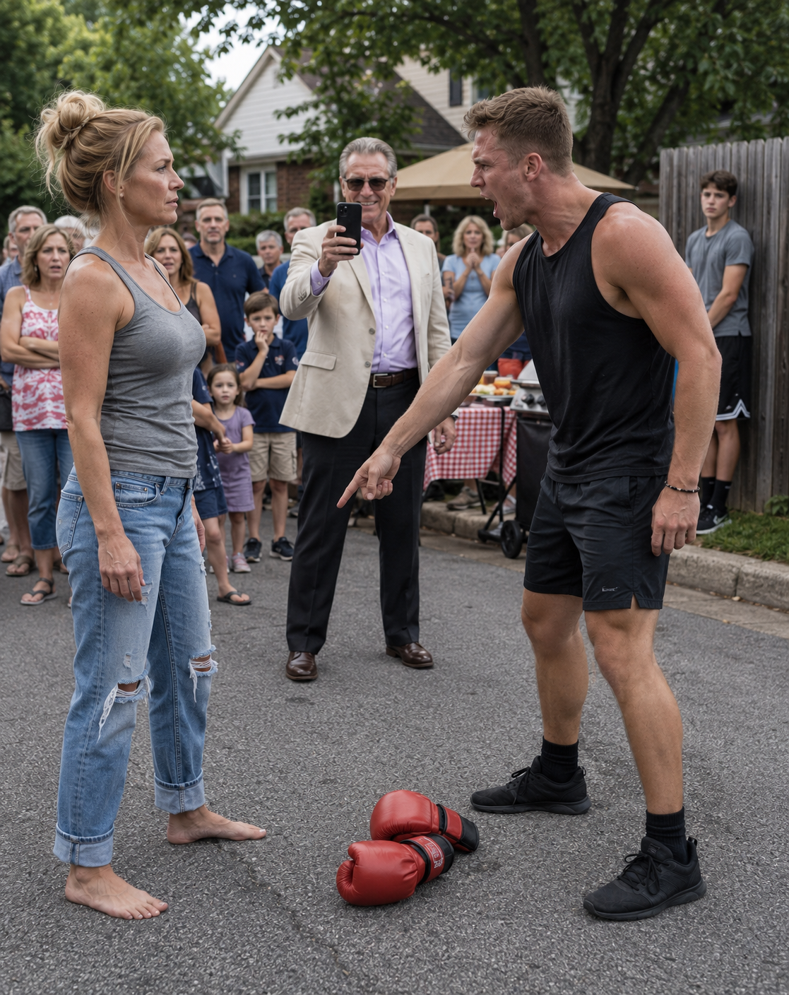 I watched my wealthy neighbor’s twenty-two-year-old son throw his red MMA gloves at my feet and challenge me to fight in front of our entire block. He mocked my fifteen-year-old son,