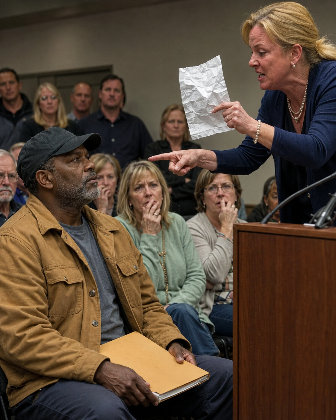 The wealthy real estate developer humiliated me in the crowded community center, demanding $500 daily fines for my grandfather’s rusted 1985 boat