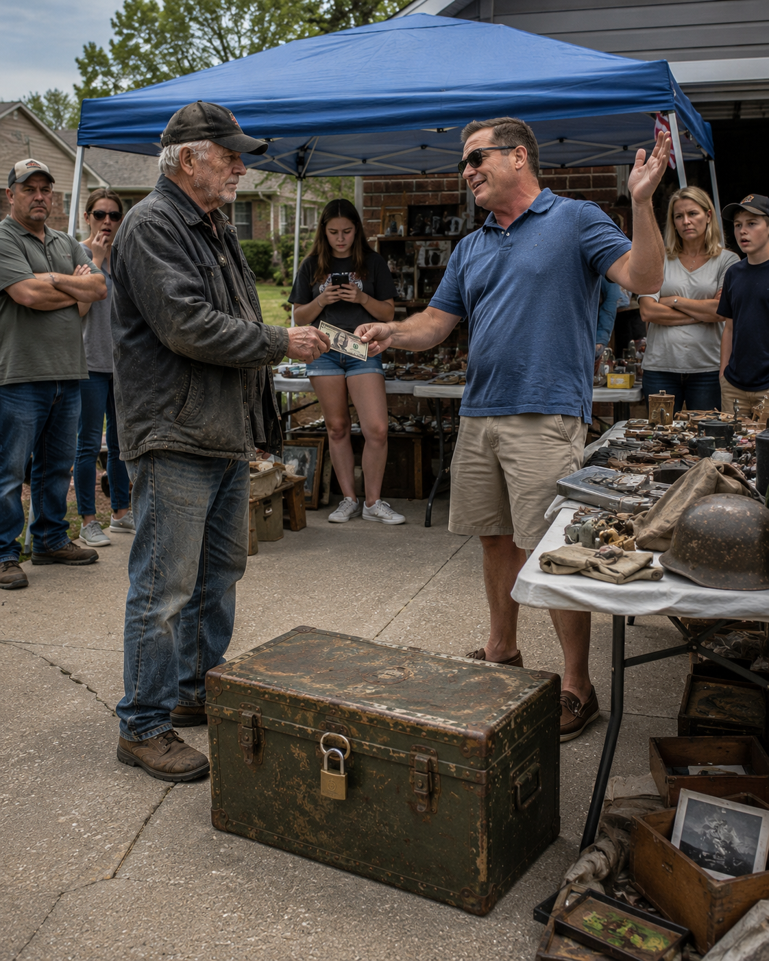 I watched a man in a polo shirt sell his late grandfather’s locked military trunk for fifty dollars, laughing that it was just rusted junk.
