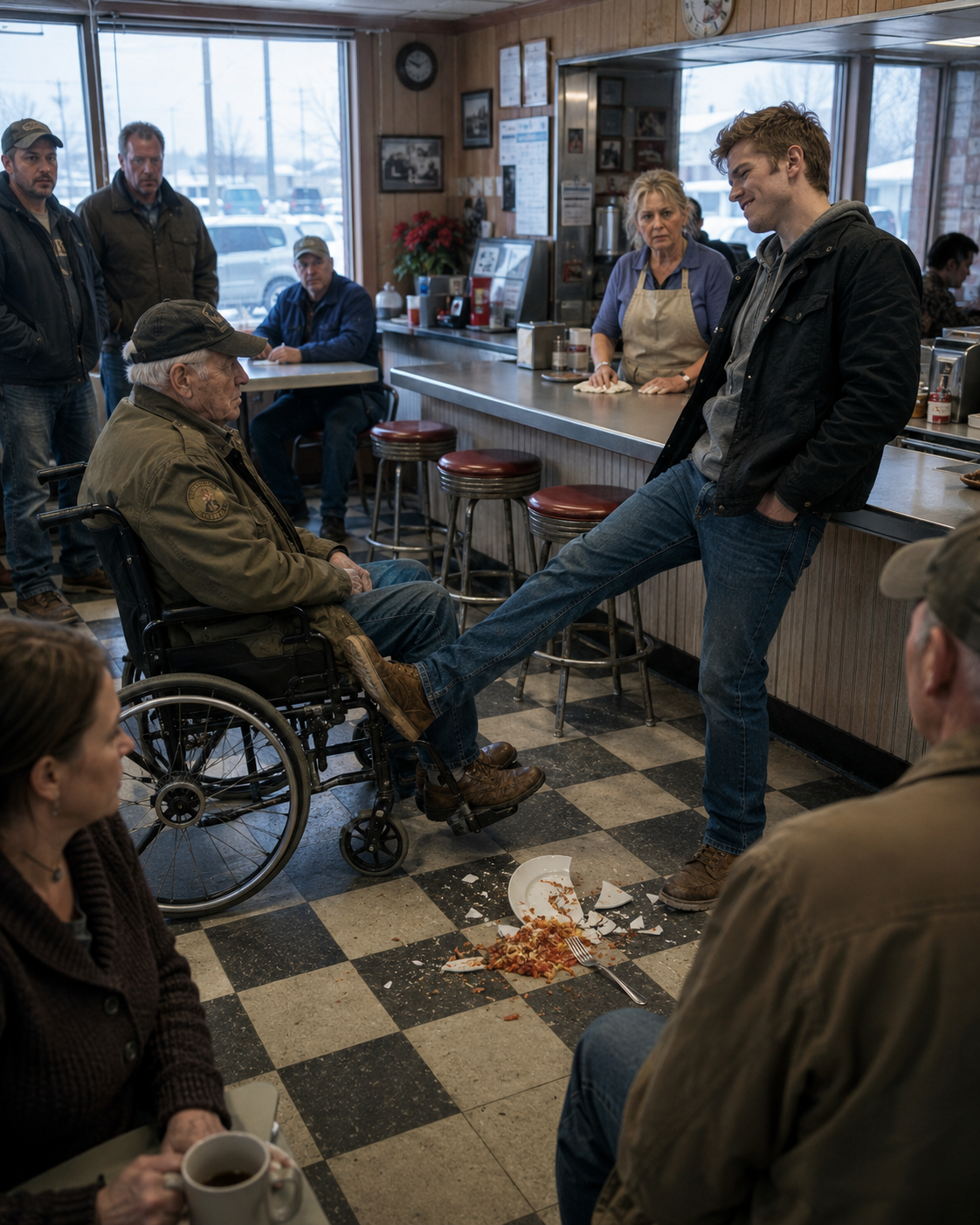After the tall teenager kicked the 81-year-old man’s wheelchair and laughed at him, everyone in my diner simply looked down at their coffee cups in shame.