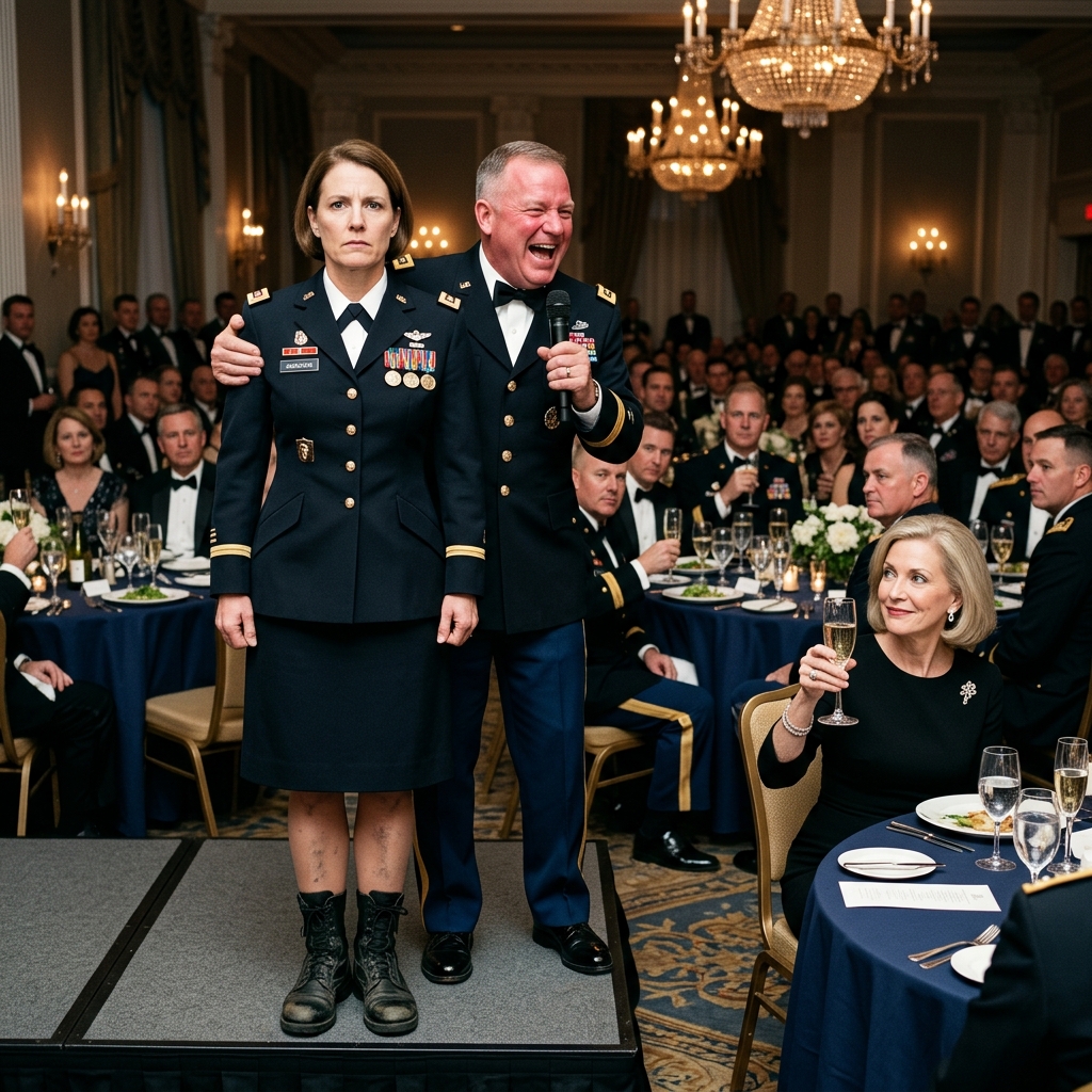 I watched my own husband auction me like surplus military equipment at a Pentagon charity gala. Three hundred guests watched him laugh into the microphone while his fingers dug into my shoulder. I locked my knees and stared straight ahead, the way I was trained to do under mortar fire. Then a retired four-star general parted the crowd and refused my husband’s handshake. He looked only at me and said two words that made my husband’s face turn the color of wet cement. “Two million.” He was holding a debt neither of us knew existed, and the envelope in his hand had been sealed for 30 years.