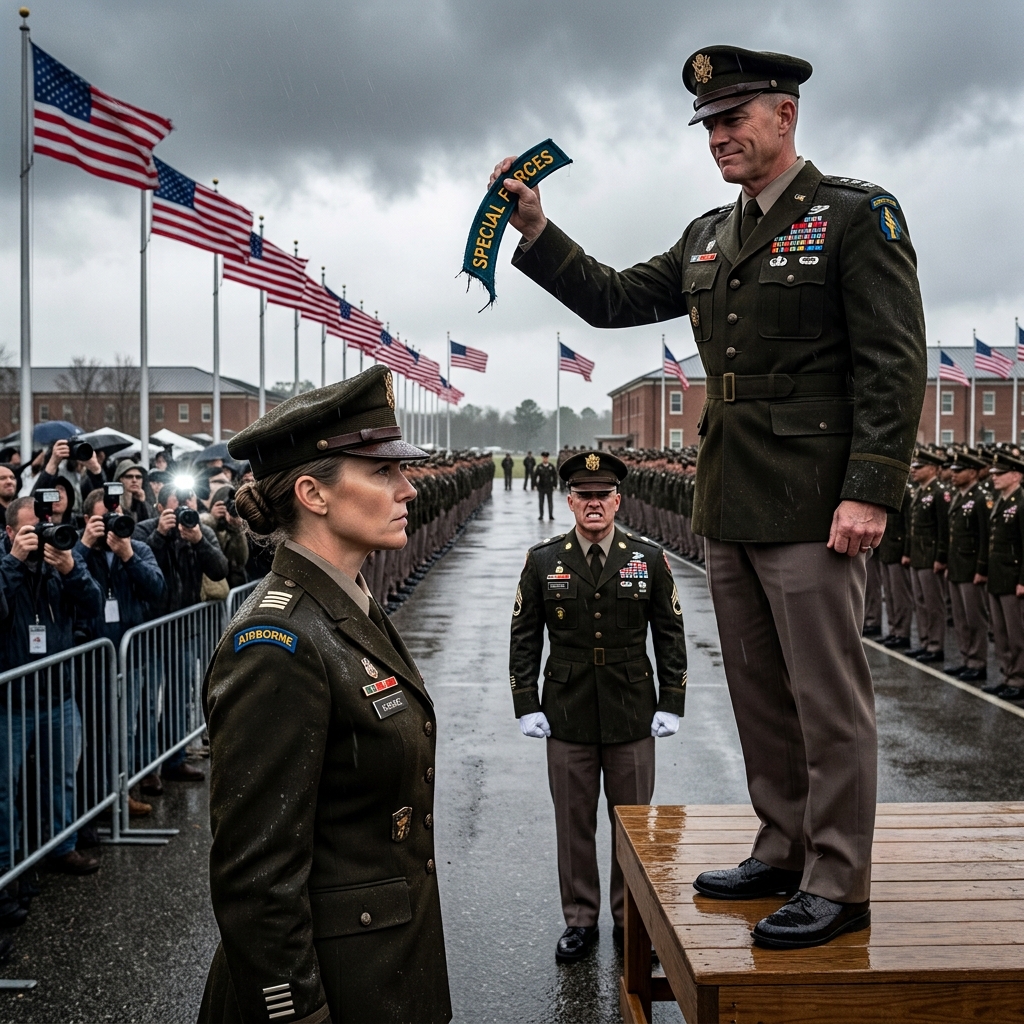 The general ripped the combat tab from her uniform in front of the entire base and called her unfit to lead. She stood silent in the rain while 50 Green Berets stepped forward.
