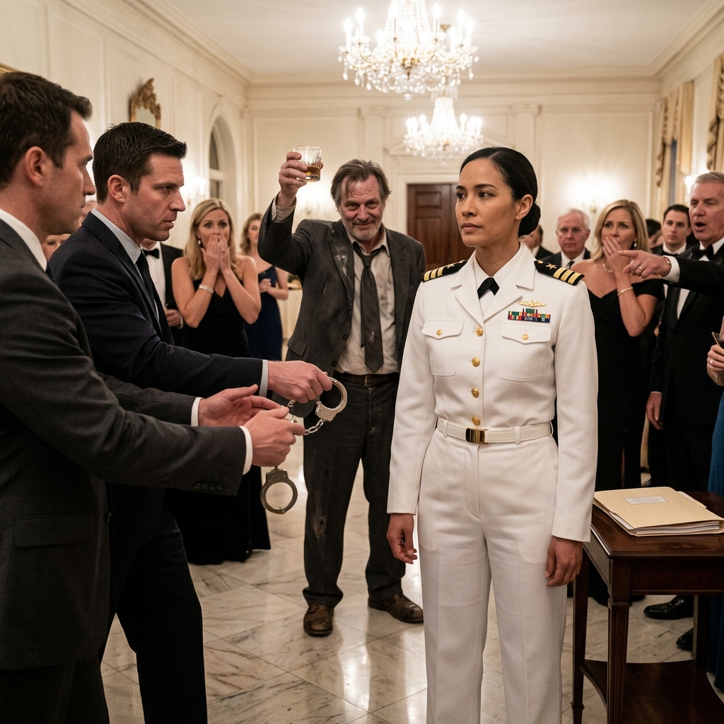 My father stood in front of the Charleston gala crowd and proudly claimed he was exposing me as a traitor to my uniform. I kept my hands folded and waited, knowing he had taken a bribe to frame me. When the federal agents stepped onto the marble floor, the room went completely silent. They didn’t know about the classified folder arriving with the men in the hallway. Suddenly, the sound of perfectly synchronized boots echoed through the ballroom.