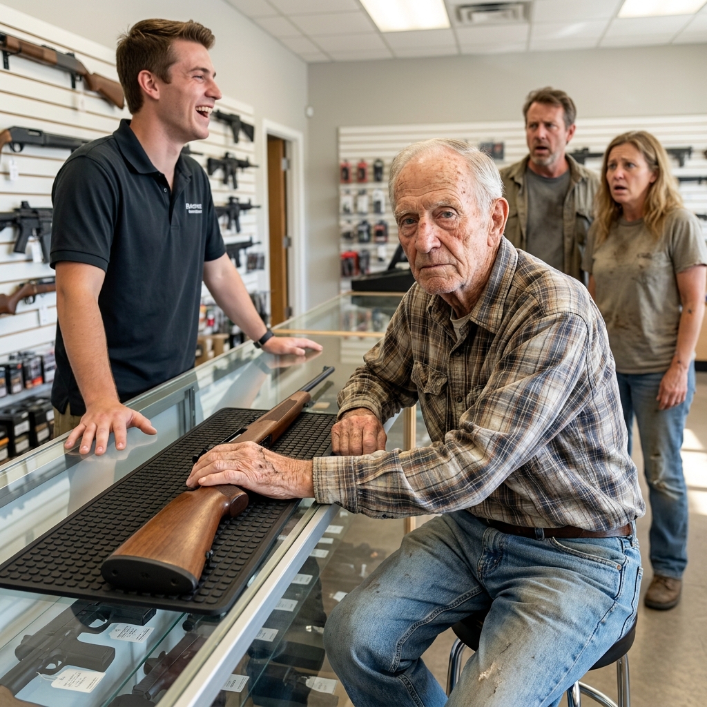 Our young store clerk ruthlessly humiliated the quiet farmer holding the rifle beside me. The old man placed the weapon down and answered. Three words. Unrecorded.