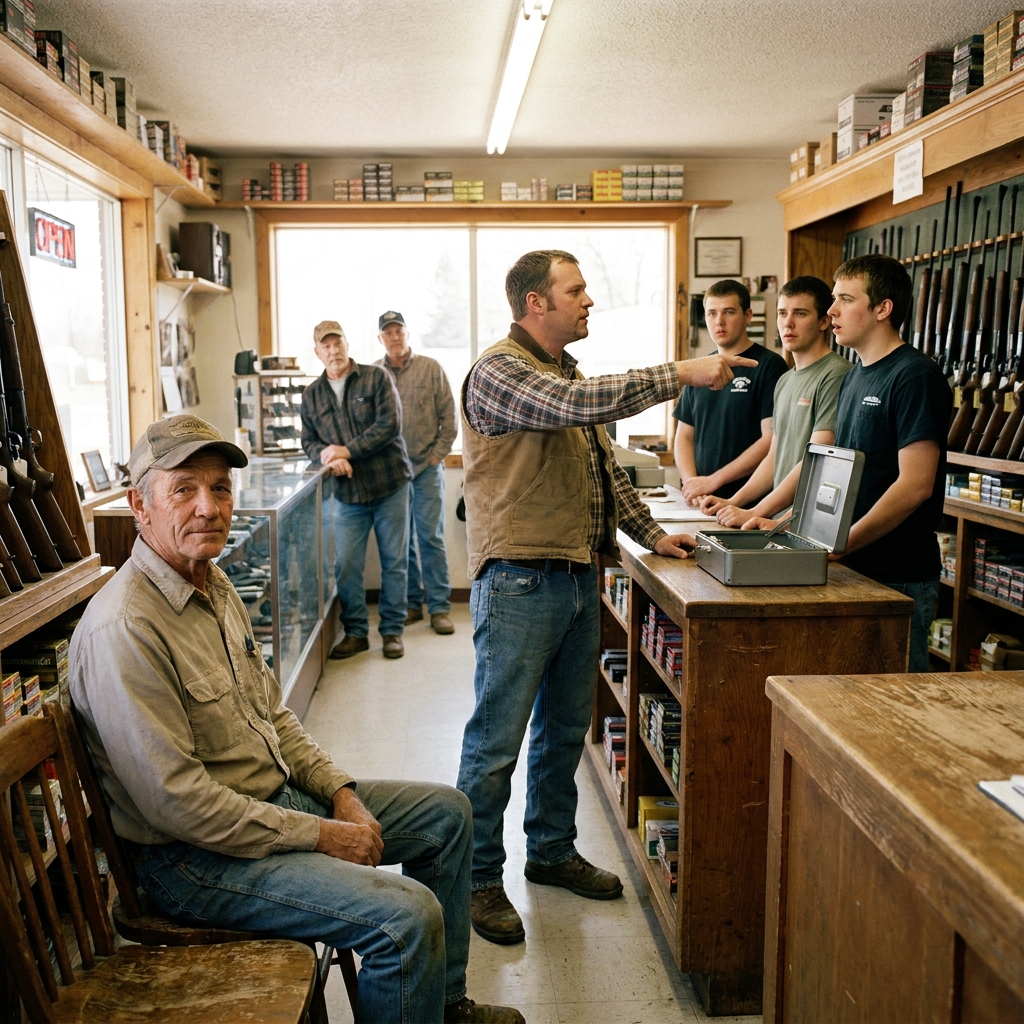The gun clerks laughed at the muddy old farmer asking for a pistol. The owner walked in, slammed his inventory box down, and pointed. “Fifty men.”