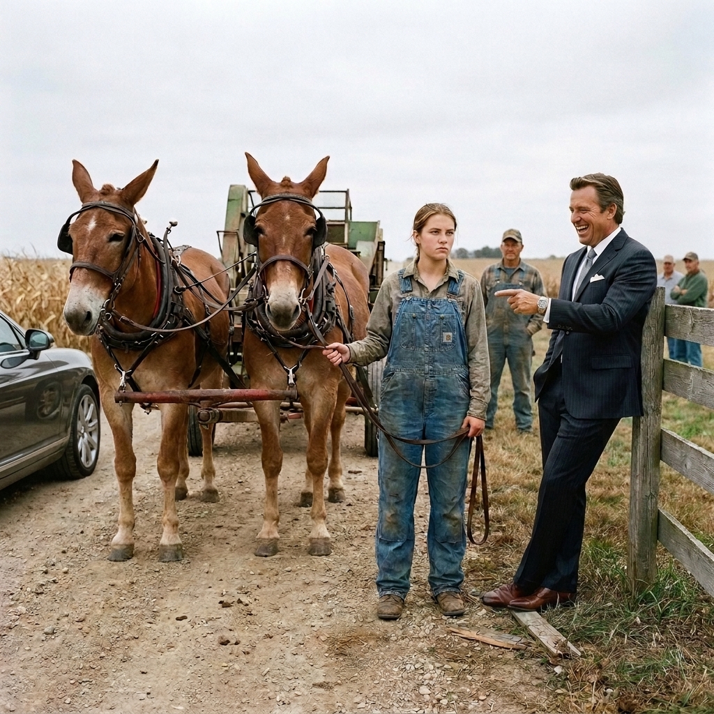 I stood helpless by the fence while our wealthy neighbor laughed at my 17-year-old daughter for hitching two old mules to a rusted 1947 corn picker.