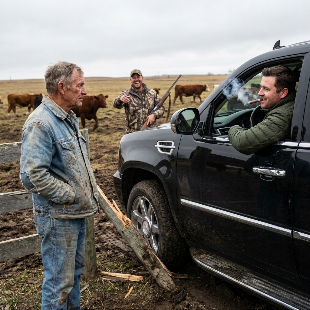 The millionaire land developer drove his black SUV straight through my pasture fence, laughing as his friends fired a rifle to stampede my cattle