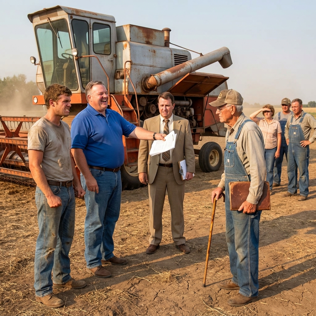I watched the dealership owner laugh in our driveway while the bank manager prepared to take my family’s farm. My seventy-four-year-old neighbor leaned heavily on his cane, ignoring their mockery as he opened the hood of our dead combine.