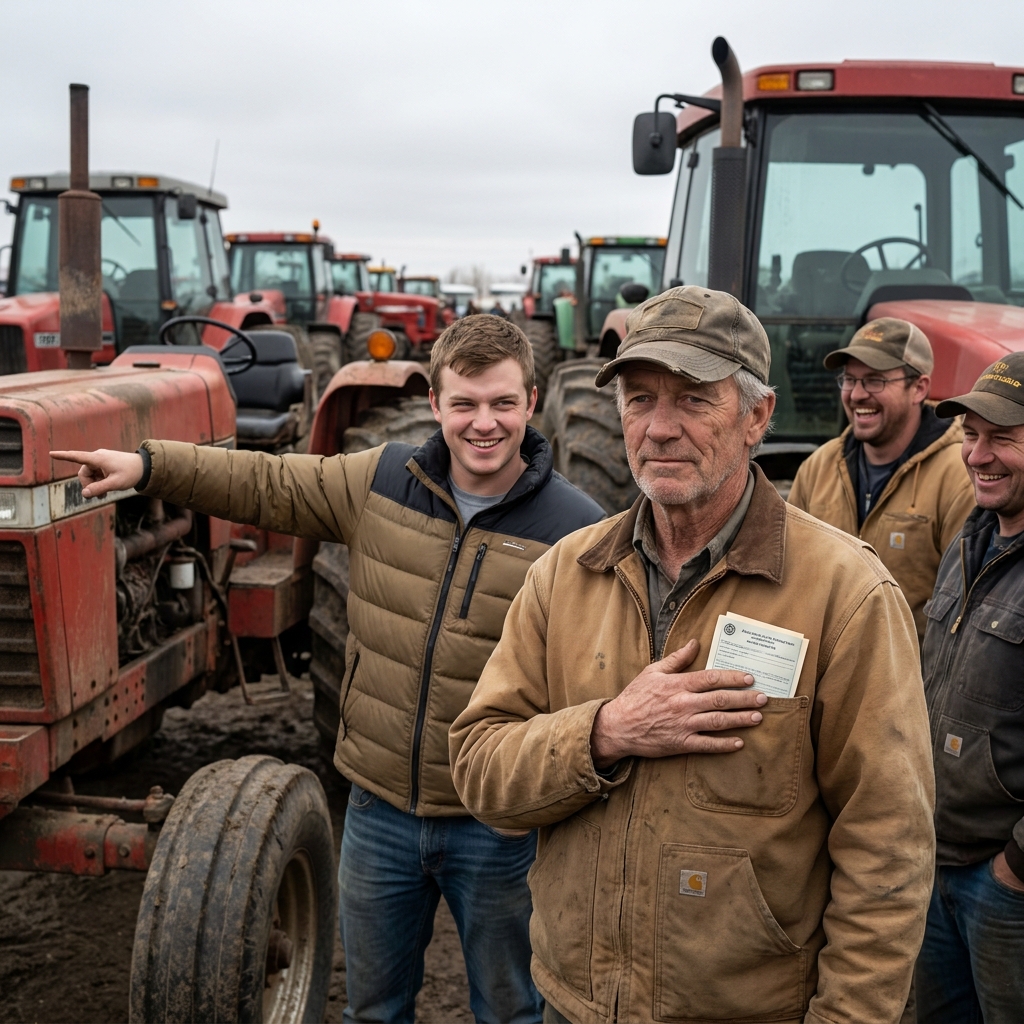 I stood in my old canvas jacket while the biggest John Deere operators in Alberta laughed at the red tractor rolling into Lot 47