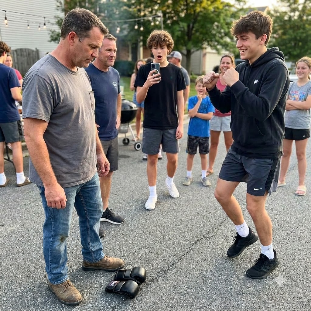 I watched my rich neighbor’s nineteen-year-old son throw a pair of 4-oz MMA gloves at my feet during our neighborhood block party.
