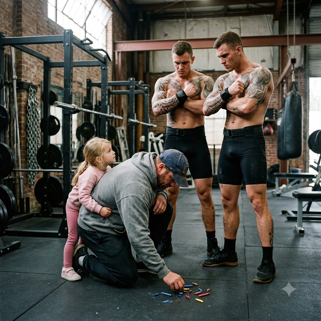 Two 24-year-old influencer twins shoved me in front of my six-year-old daughter at our local gym, knocking her box of crayons across the rubber floor. I stayed completely quiet and picked them up by hand because they thought I was just a tired, overweight single dad they could use for viral content—but they had no idea I had spent ten years as a Navy SEAL operator. When they live-streamed my name on their charity grappling bracket a month later, they thought they were getting an easy viral knockout.