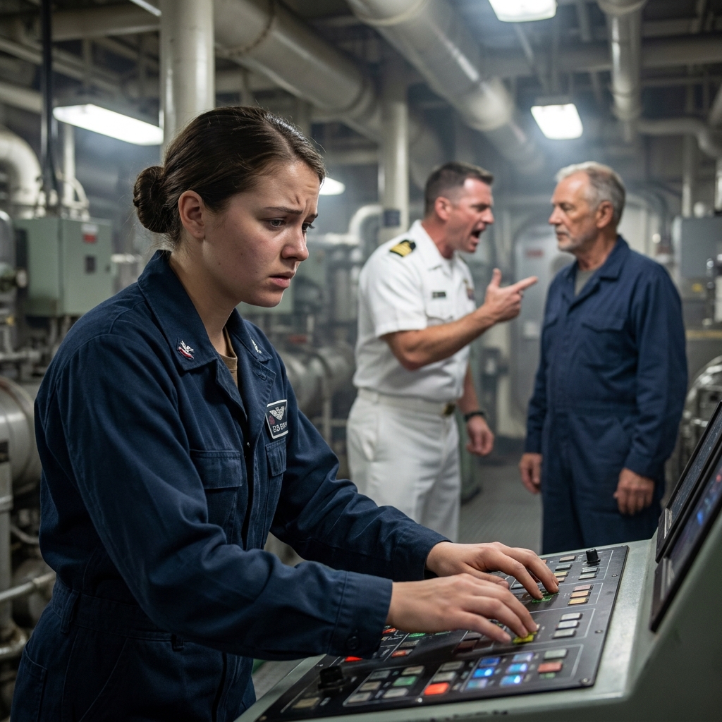 A 70-year-old veteran in dirty overalls was ordered out of the engine room. He just kept his hand on his tarnished stethoscope.