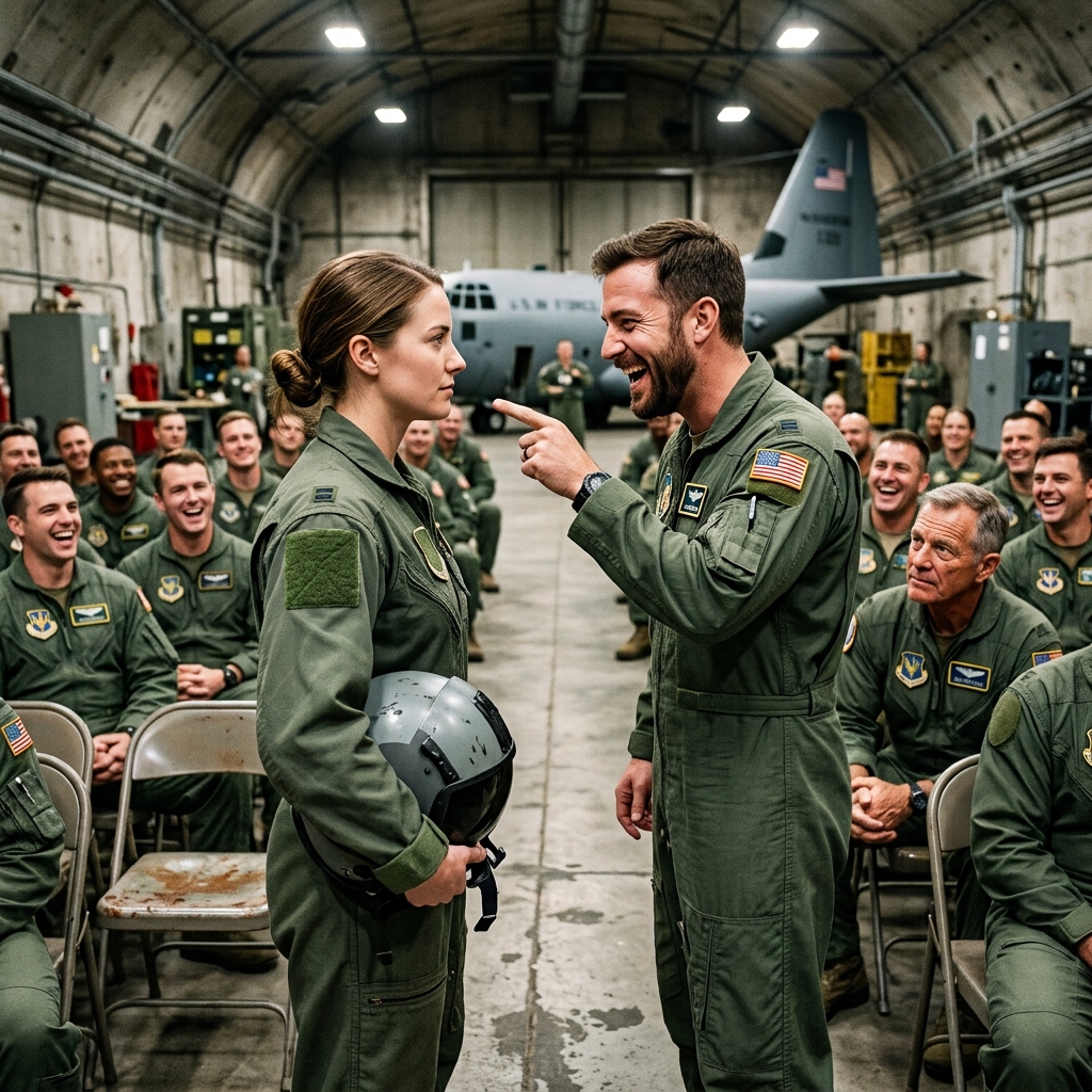 I stood silently in the tactical briefing room while my own half-brother told four hundred male pilots I was only there to find a husband. The entire room erupted into locker room laughter. I kept my hands firmly clasped behind my back and stared at the empty space on my patchless flight suit. Then the heavy oak doors swung open, and the three-star general walked in with the sealed roster that would expose exactly who I was.