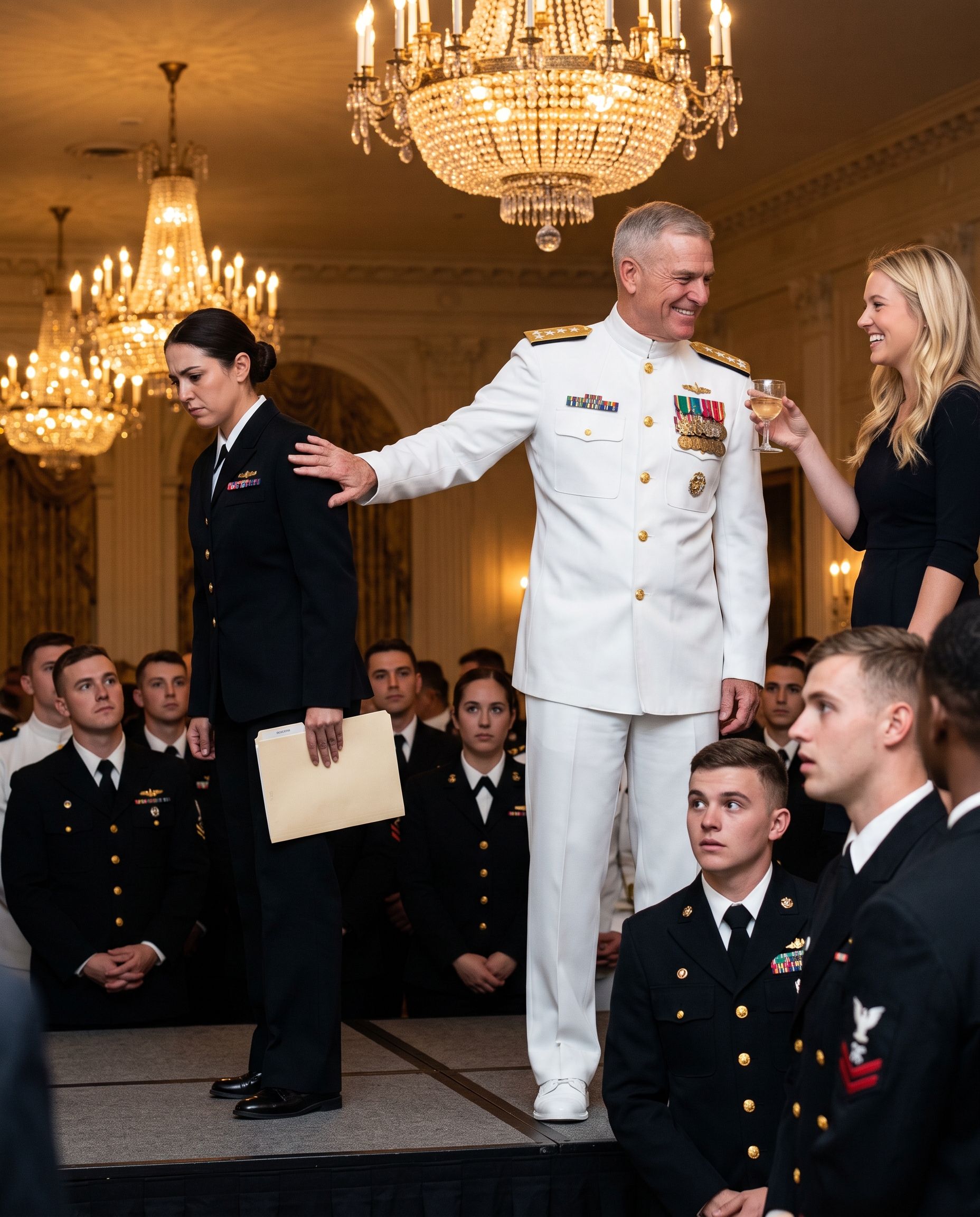 My father invited me to my stepsister’s Navy induction ceremony just to humiliate me in front of the entire fleet. I stood quietly in the back while he praised her as a born commander. But he didn’t know I had spent the last three weeks tracking the digital footprints of his treason. When I stepped into the light, the room went dead silent as I held up the exact document that would end his career.