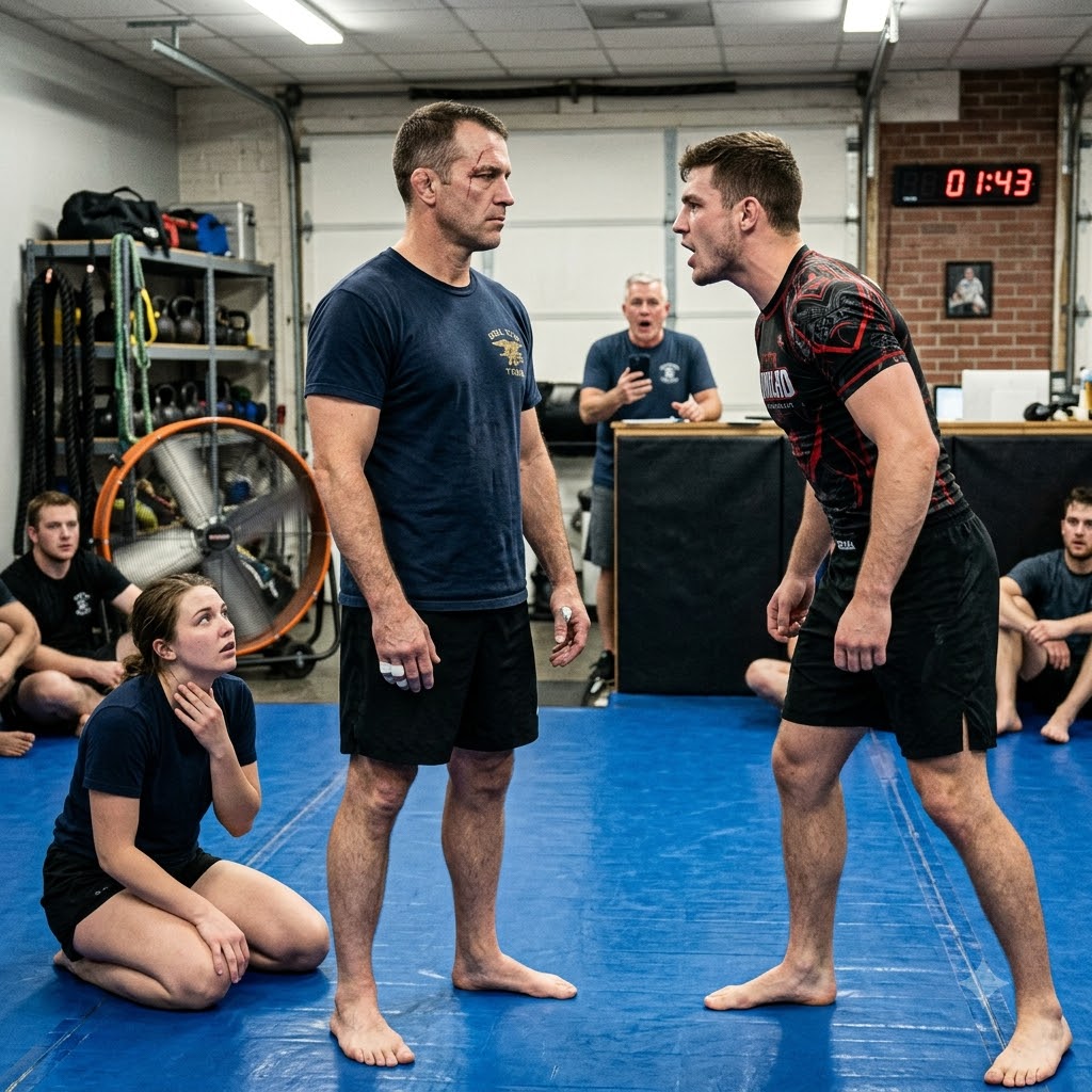 The black belt held the choke long after I tapped, then told the whole gym he was just making me “street ready.” A Navy SEAL in a faded gray T‑shirt put down his tape and stepped onto the mat.