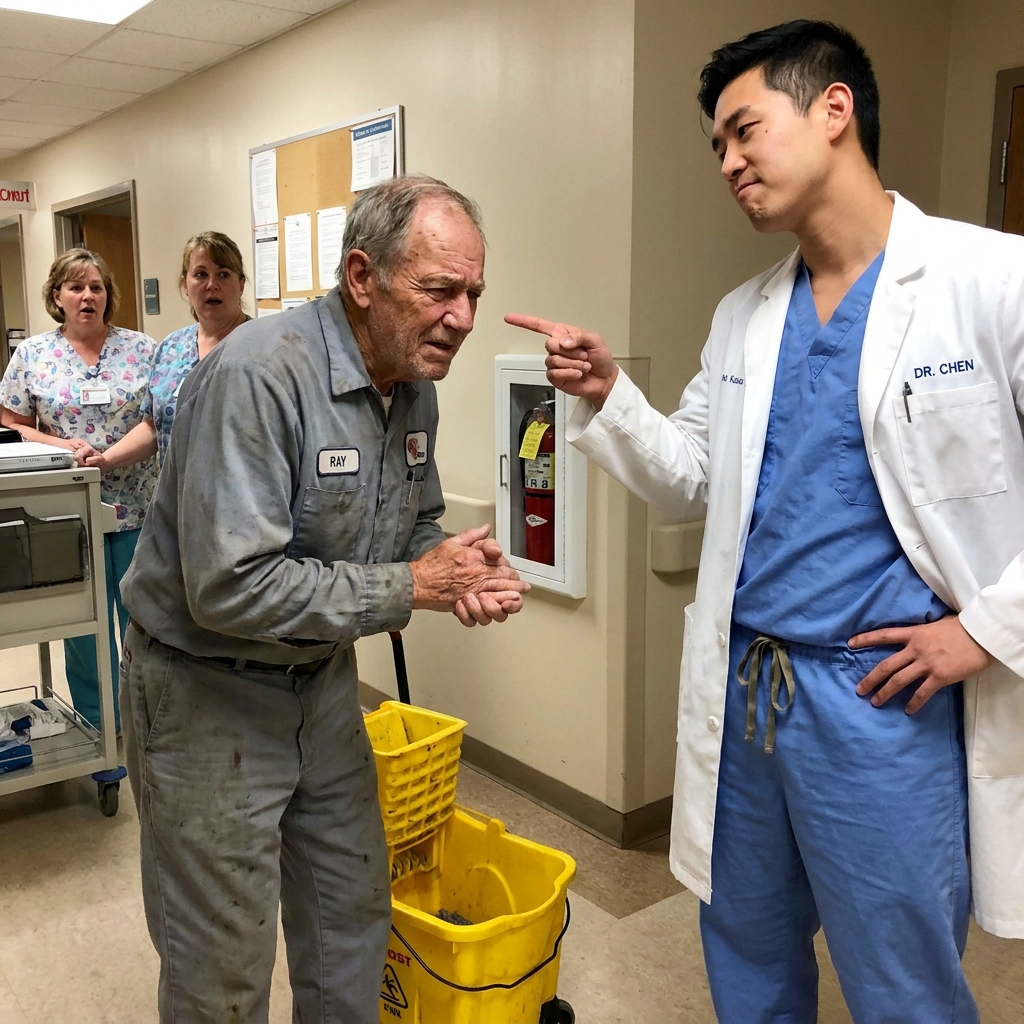 Our doctor laughed while a soldier flatlined because the elderly janitor offered to help. The old man unbuttoned his gray shirt and pulled out heavy silver dog tags.
