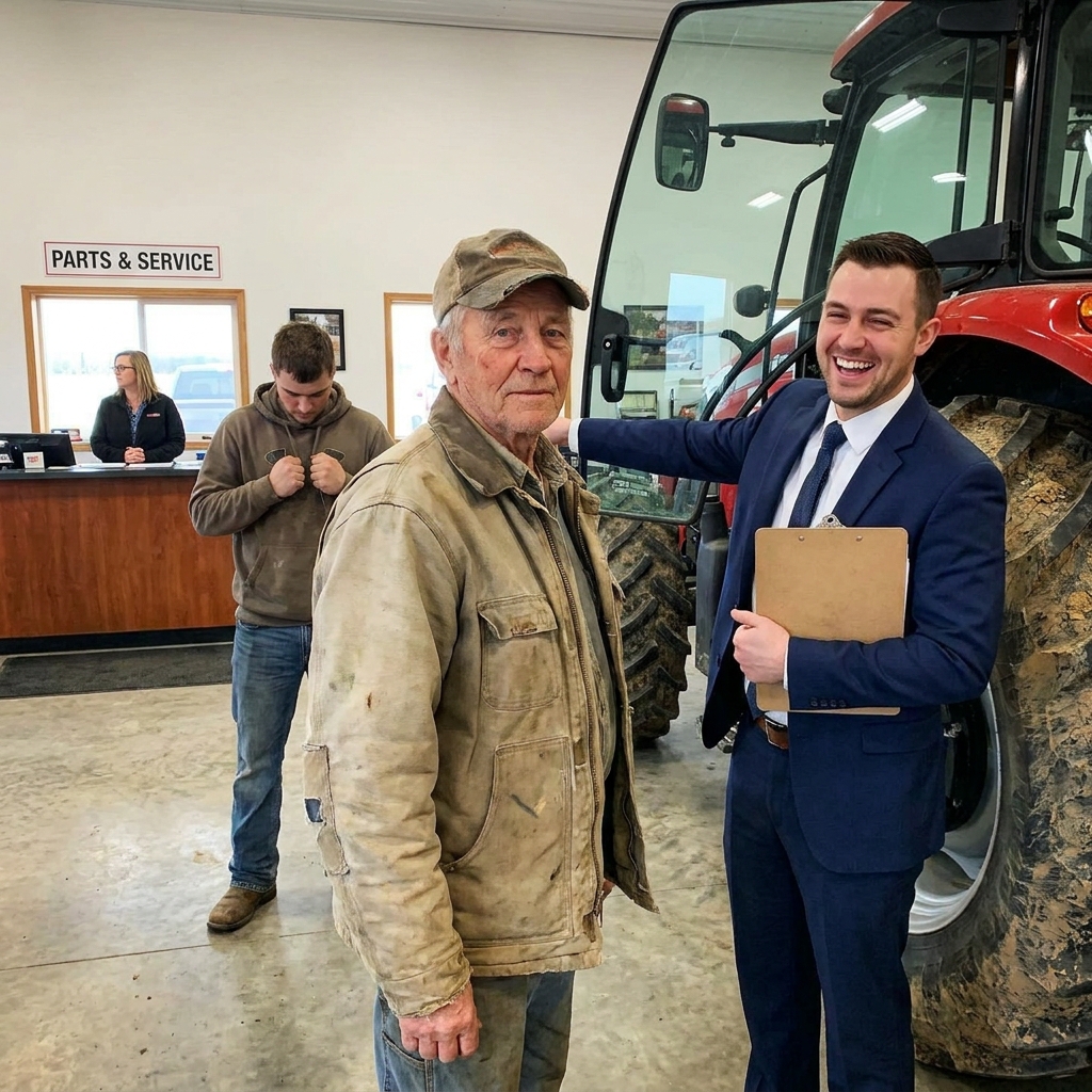 Our tractor dealer treated my father like a joke because of our torn clothes. My dad placed his First National checkbook down without a word.