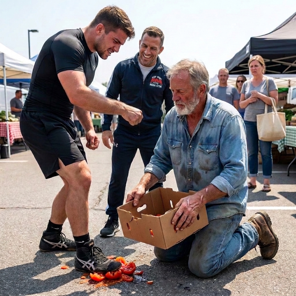 At the Sunday farmers market, a loudmouth MMA instructor let his students destroy my harvest, then ground a tomato into the asphalt with his shoe while calling me a helpless old man