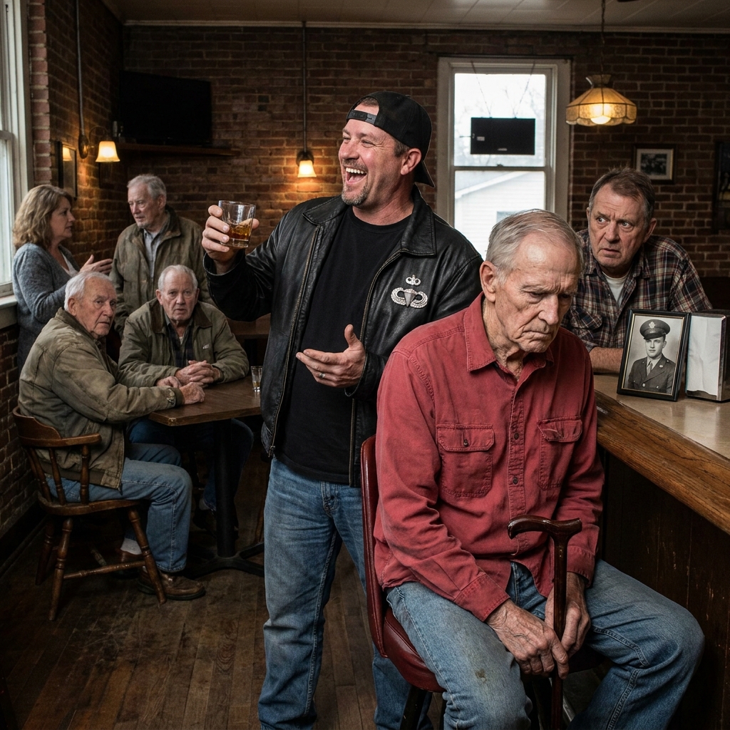 I sat at the bar while a stranger in a leather jacket mocked the sacrifice of every fallen paratrooper, bragging about combat jumps he never made.